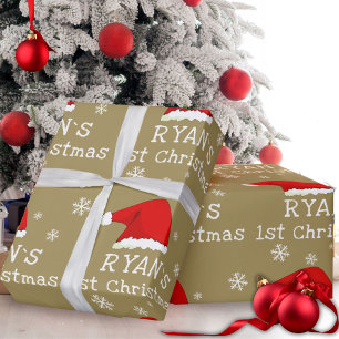 Papier Cadeau Premier Noël de bébé Chapeau de Père Noël rouge Fl