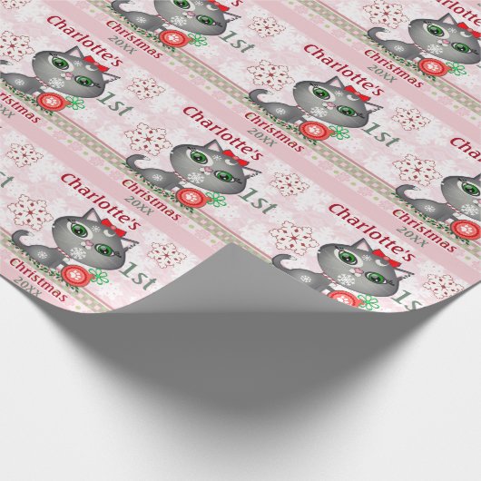 Papier Cadeau Premier Noël de chat fait sur commande de bébé (Coin)