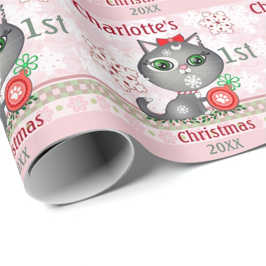 Papier Cadeau Premier Noël de chat fait sur commande de bébé (Coin rond)