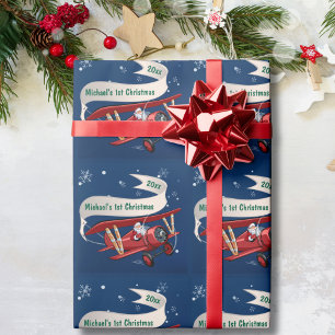 Papier Cadeau Premier Noël d'un garçon Avion Père Noël Volant Pe