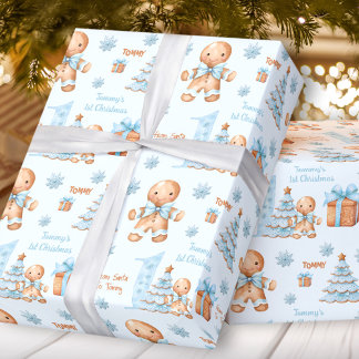 Papier Cadeau Premier Noël Gingerbread Homme Garçon Bleu Nom Tex