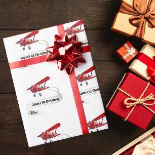 Papier Cadeau Premier Noël Santa volant en avion personnalisé