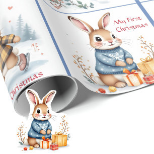 Papier Cadeau Premier prénom de bébé garçon de Noël Lapins d'hiv