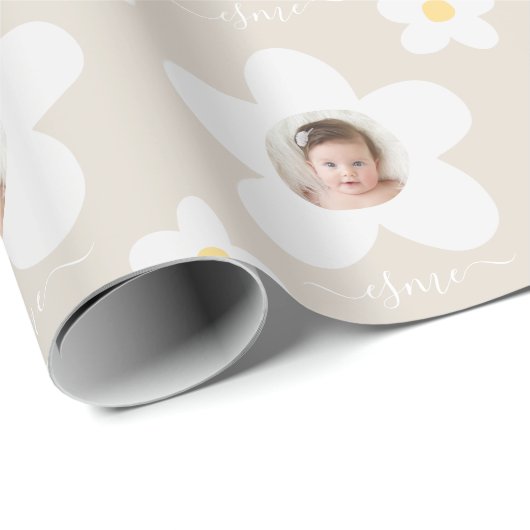 Papier Cadeau Première anniversaire marguerite boho rétro terrac (Coin rond)