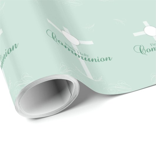 Papier Cadeau Première communion, écriture en vert clair (Coin rond)