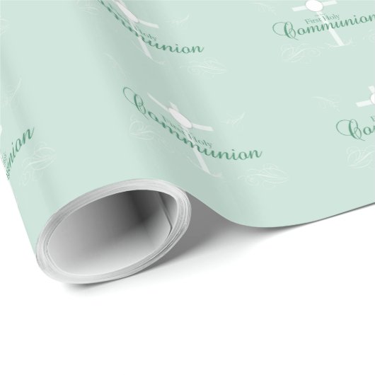 Papier Cadeau Première communion, écriture en vert clair (Coin rond)