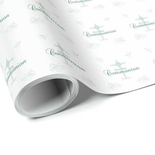 Papier Cadeau Première Communion sainte, Script en vert tendre (Coin rond)