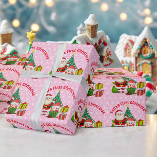 Papier Cadeau Première Fille de Noël Personnaliser le nom rose