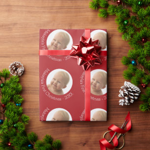 Papier Cadeau Première photo de Noël du bébé Nom personnalisé An