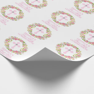 Papier Cadeau Première sainte communion de fille florale rose