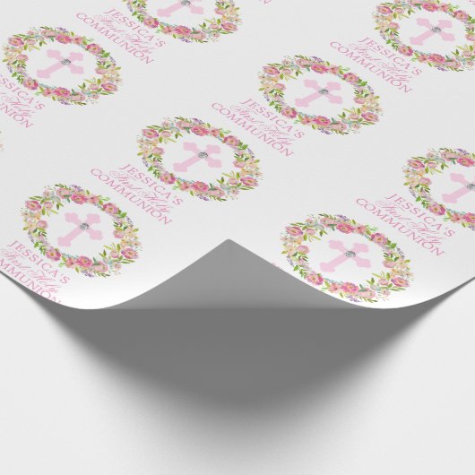 Papier Cadeau Première sainte communion de fille florale rose (Coin)