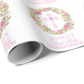 Papier Cadeau Première sainte communion de fille florale rose (Coin rond)