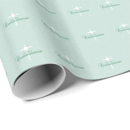 Papier Cadeau Première Sainte Communion, écriture en vert doux (Coin rond)