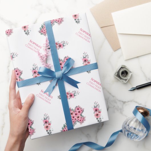 Papier Cadeau Première Sainte Communion Fille Chic Pink Flower C (Cadeaux)