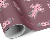 Papier Cadeau Première Sainte Communion Fille Rose Fleur Croix C (Coin rond)