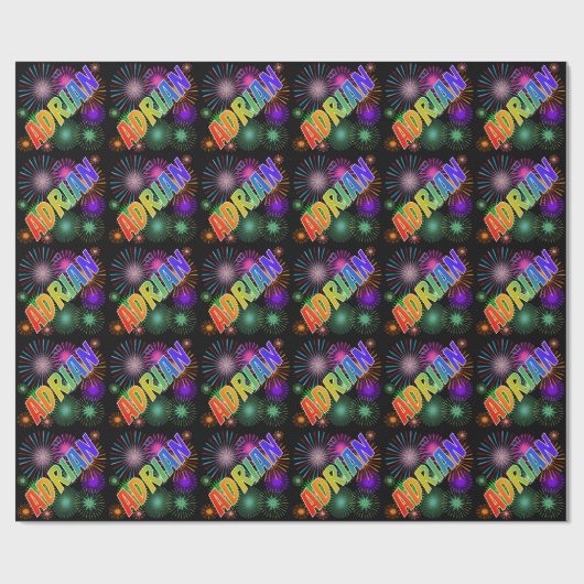 Papier Cadeau Prénom "ADRIAN" d'arc-en-ciel + Feux d'artifice (Plat)
