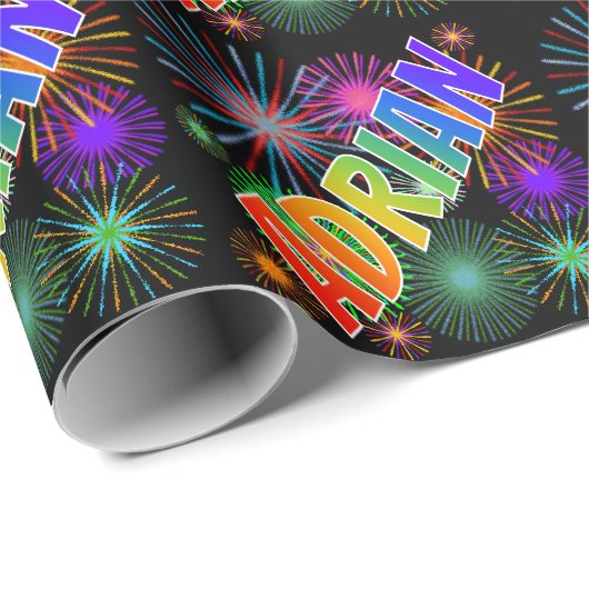 Papier Cadeau Prénom "ADRIAN" d'arc-en-ciel + Feux d'artifice (Coin rond)