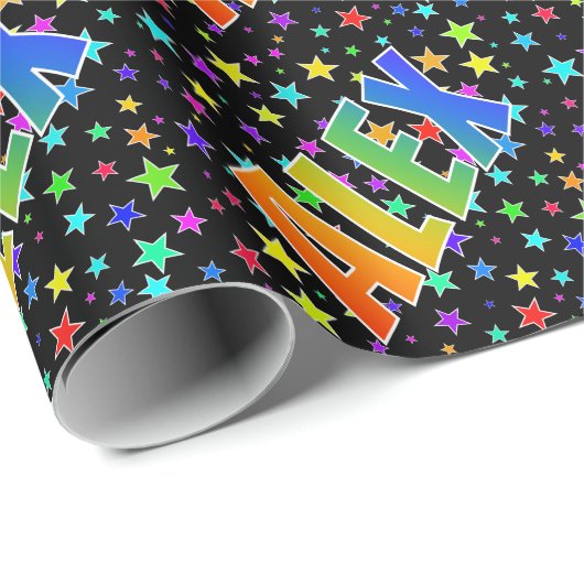 Papier Cadeau Prénom "ALEX" d'arc-en-ciel + Étoiles (Coin rond)