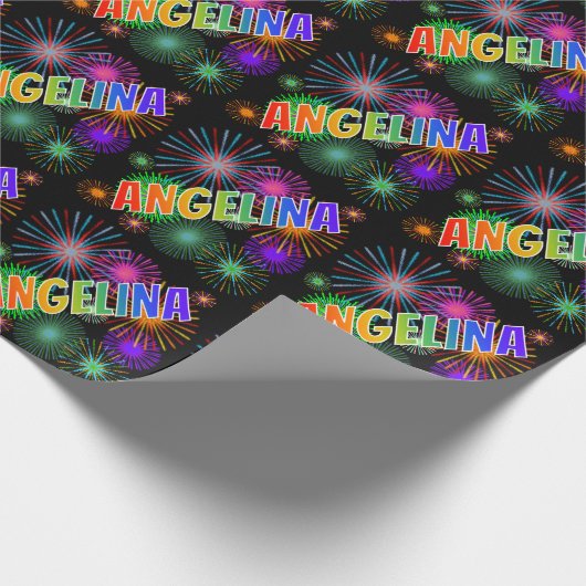 Papier Cadeau Prénom "ANGELINA" d'arc-en-ciel + Feux d'artifice (Coin)