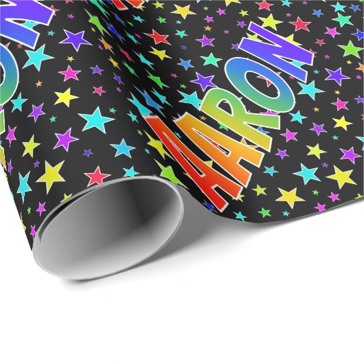 Papier Cadeau Prénom Arc-en-ciel "AARON" + Étoiles (Coin rond)