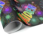 Papier Cadeau Prénom arc-en-ciel "AIDEN" + Feux d'artifice (Coin rond)
