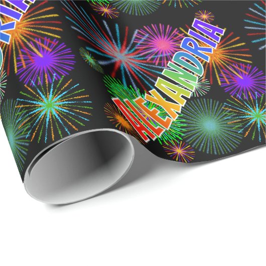 Papier Cadeau Prénom arc-en-ciel "ALEXANDRIA" + Feu d'artifice (Coin rond)