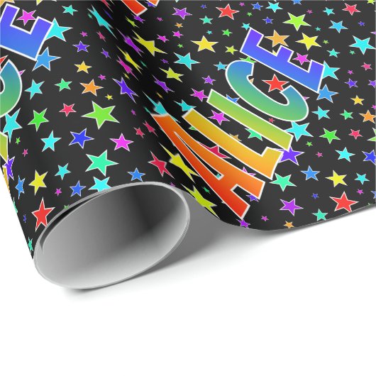 Papier Cadeau Prénom arc-en-ciel "ALICE" + Stars (Coin rond)