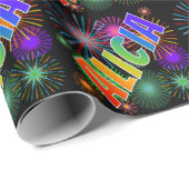 Papier Cadeau Prénom arc-en-ciel "ALICIA" + feux d'artifice (Coin rond)