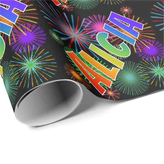 Papier Cadeau Prénom arc-en-ciel "ALICIA" + feux d'artifice (Coin rond)
