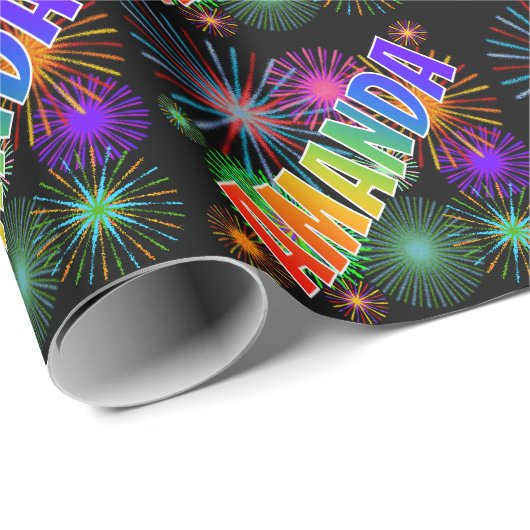 Papier Cadeau Prénom arc-en-ciel "AMANDA" + feux d'artifice (Coin rond)