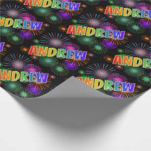 Papier Cadeau Prénom arc-en-ciel "ANDREW" + feux d'artifice