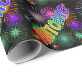 Papier Cadeau Prénom arc-en-ciel "ANTONIO" + feux d'artifice (Coin rond)
