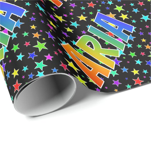Papier Cadeau Prénom Arc-en-ciel "ARIA" + Stars (Coin rond)