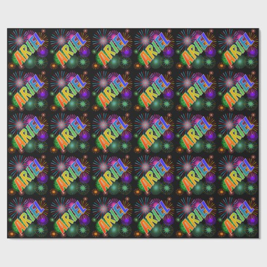 Papier Cadeau Prénom arc-en-ciel "ARIEL" + feux d'artifice (Plat)