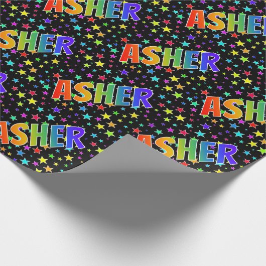 Papier Cadeau Prénom arc-en-ciel "ASHER" + Stars (Coin)