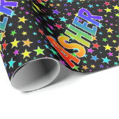 Papier Cadeau Prénom arc-en-ciel "ASHER" + Stars (Coin rond)