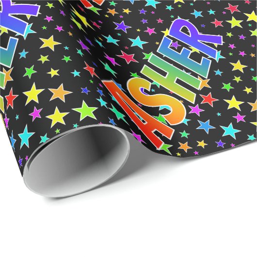Papier Cadeau Prénom arc-en-ciel "ASHER" + Stars (Coin rond)
