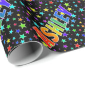 Papier Cadeau Prénom arc-en-ciel "ASHLEY" + Stars (Coin rond)
