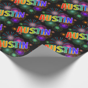 Papier Cadeau Prénom Arc-en-ciel "AUSTIN" + Feux d'artifice
