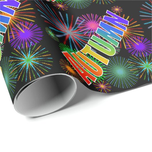 Papier Cadeau Prénom arc-en-ciel "AUTOMNE" + Feu d'artifice (Coin rond)
