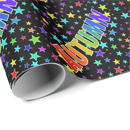 Papier Cadeau Prénom arc-en-ciel "AUTUMN" + Étoiles (Coin rond)