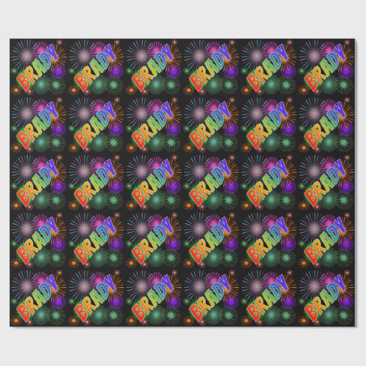 Papier Cadeau Prénom arc-en-ciel "BRADY" + Feu d'artifice (Plat)
