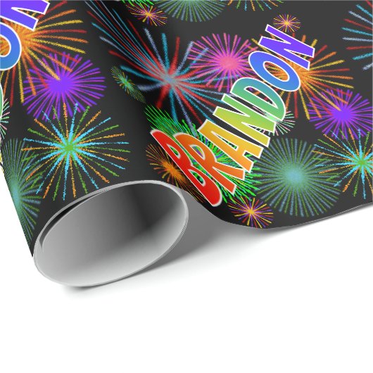 Papier Cadeau Prénom arc-en-ciel "BRANDON" + Feu d'artifice (Coin rond)
