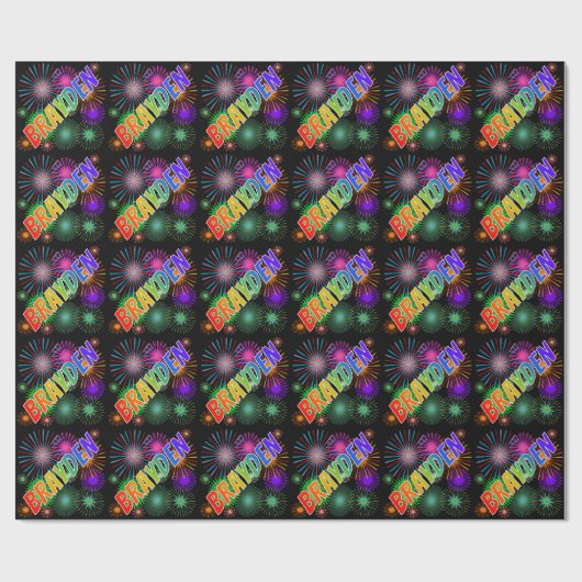 Papier Cadeau Prénom arc-en-ciel "BRAYDEN" + Feu d'artifice (Plat)