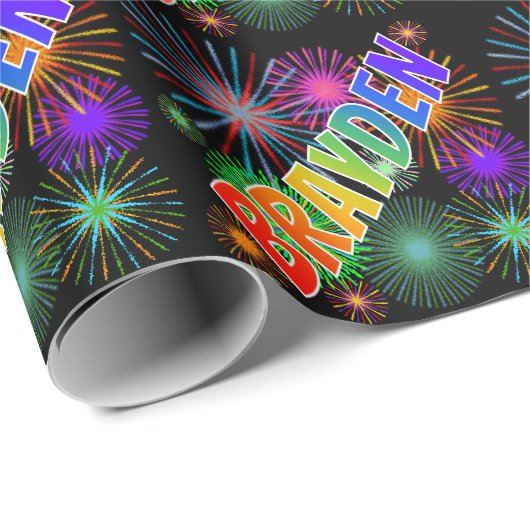 Papier Cadeau Prénom arc-en-ciel "BRAYDEN" + Feu d'artifice (Coin rond)