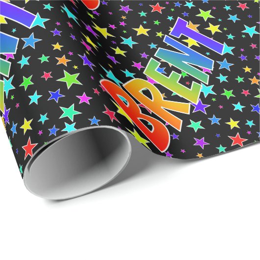 Papier Cadeau Prénom arc-en-ciel "BRENT" + Stars (Coin rond)
