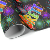 Papier Cadeau Prénom arc-en-ciel "BRETT" + feux d'artifice (Coin rond)