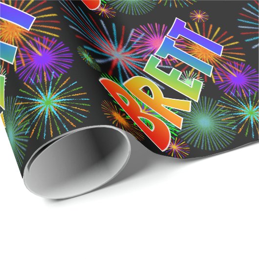 Papier Cadeau Prénom arc-en-ciel "BRETT" + feux d'artifice (Coin rond)