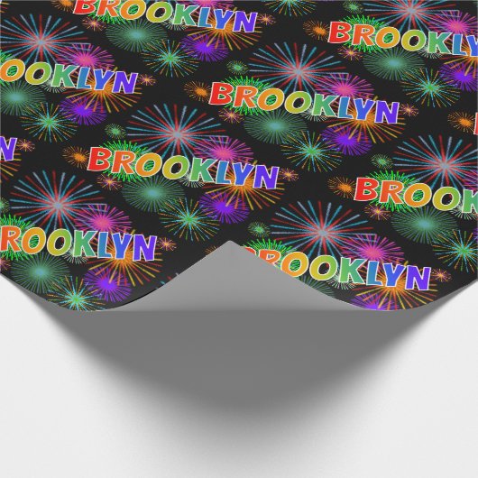 Papier Cadeau Prénom Arc-en-ciel "BROOKLYN" + feux d'artifice (Coin)