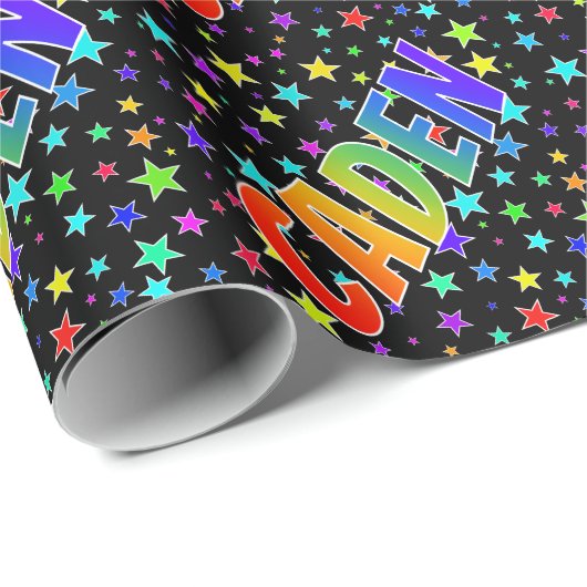 Papier Cadeau Prénom Arc-en-ciel "CADEN" + Étoiles (Coin rond)